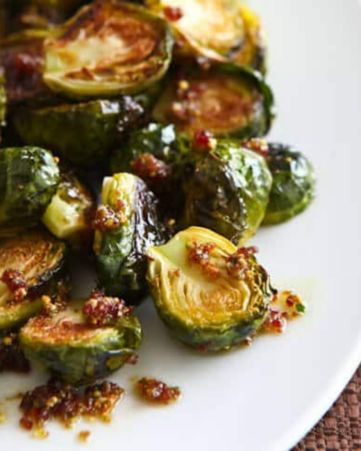 Roasted Brussels Sprouts with Cranberry Pistachio Pesto